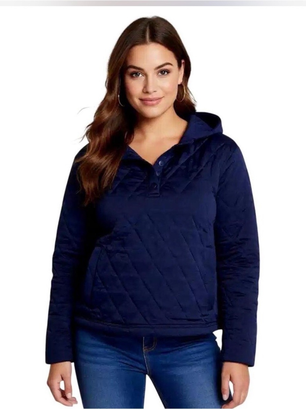 New Lands' End Quilted Hooded Snap Pullover - Navy Size L